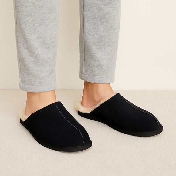 UGG Other - UGG Black Suede Sheepskin Lined Scuff Slippers Men’s Size 14